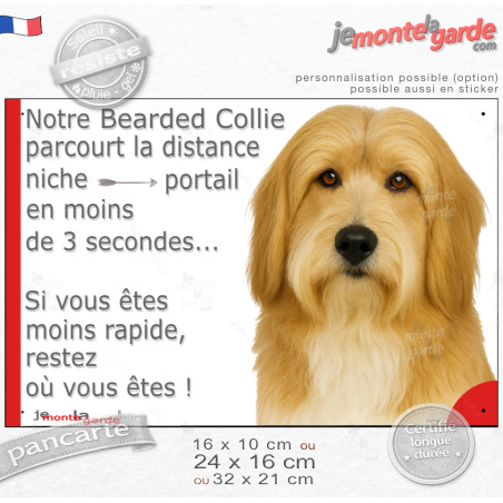 Bearded Collie fauve, plaque humour "parcourt distance Niche-Portail moins 3 secondes, rapide" photo attention chien, résiste pl