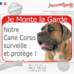 Cane Corso Italiano fauve, plaque portail rouge " Je Monte la Garde, surveille et protège" attention au chien photo résiste plui