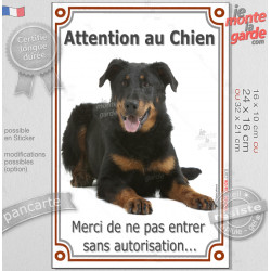 Beauceron noir et feu, Plaque Portail verticale "Attention au chien, merci de ne pas entrer sans autorisation" Berger Beauce pho