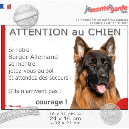 Berger Allemand masque noir à poils longs, plaque portail humour photo "Attention au Chien, Jetez Vous au Sol" 3 Tailles D
