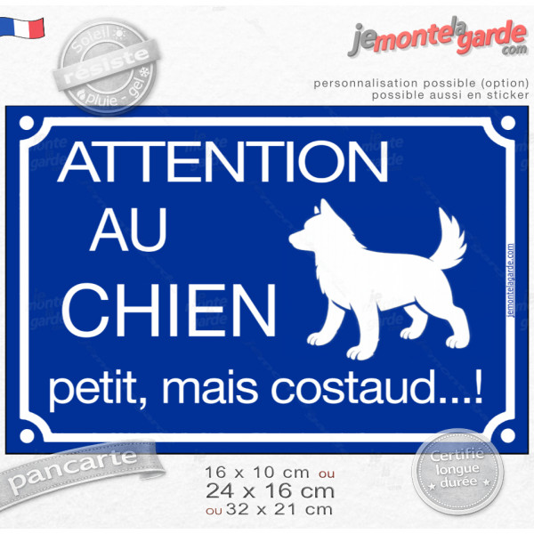 "Attention au Chien Petit, mais Costaud...!" Plaque bleue portail humour, look plaque rue parisienne, résiste pluie soleil gel, 