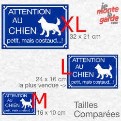Plaque portail humour bleue "Attention au Chien -  Petit, mais Costaud...!" Résiste pluie soleil gel, idée cadeau, 3 Tailles D