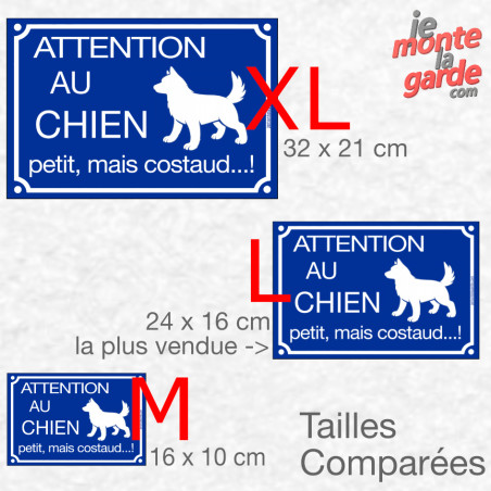 Plaque portail humour bleue "Attention au Chien -  Petit, mais Costaud...!" Résiste pluie soleil gel, idée cadeau, 3 Tailles D