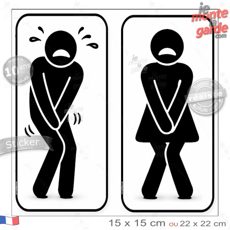 Autocollant WC homme femme humoristique – sticker porte toilettes, silhouette pressé de faire pipi, résiste dehors, 2 Tailles D