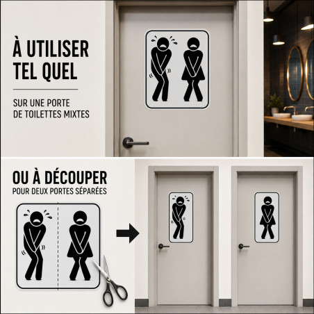 Autocollant WC homme femme humoristique – sticker porte toilettes, silhouette pressé de faire pipi, résiste dehors, 2 Tailles D