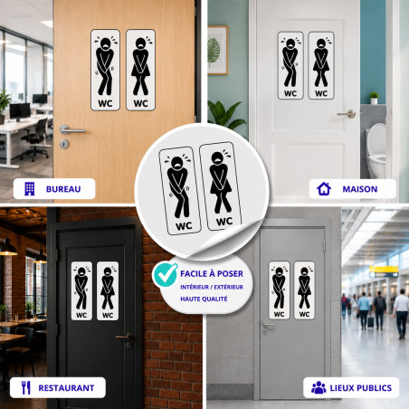 Autocollant WC homme femme humoristique – sticker porte toilettes, silhouette pressé de faire pipi, résiste dehors, 2 Tailles D