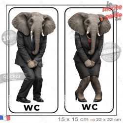 Sticker WC humoristique éléphants en costume pour porte de toilettes mixtes ou séparées, format 15 x 15 ou 22 x 22 cm, résistant