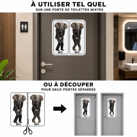 Sticker WC humoristique éléphants en costume pour toilettes mixtes ou séparées, résiste dehors, 2 Tailles D