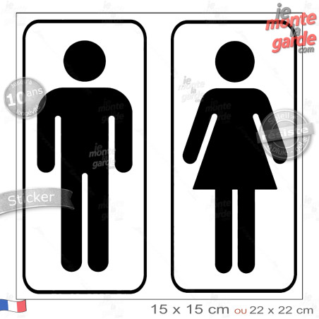 Autocollant WC homme femme noir et blanc pour porte de toilettes, utilisable entier ou découpé en deux, résiste pluie soleil gel