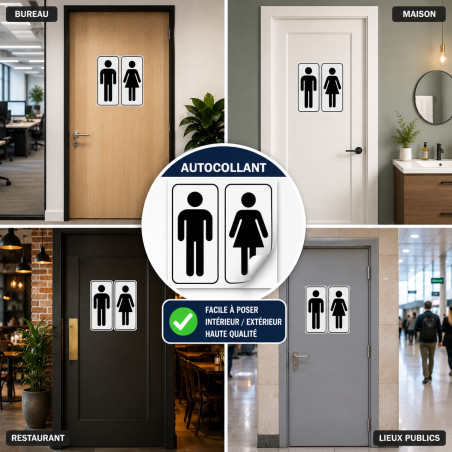Autocollant WC homme femme noir et blanc pour porte de toilettes, exemple en photo de lieux possibles d'utilisation