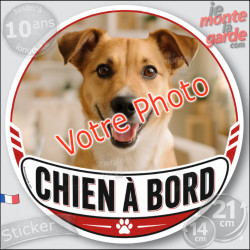 Photo personnalisable, disque photo autocollant "Chien à Bord" Sticker adhésif rond sur mesure vitre voiture 14 cm, résiste à l'