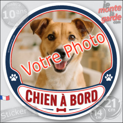 Photo personnalisable, disque photo autocollant "Chien à Bord" Sticker adhésif rond sur mesure vitre voiture 14 cm, résiste à l'