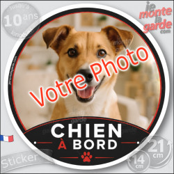 Photo personnalisable, disque photo autocollant "Chien à Bord" Sticker adhésif rond sur mesure vitre voiture 14 cm, résiste à l'