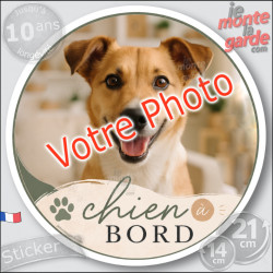 Photo personnalisable, disque photo autocollant "Chien à Bord" Sticker adhésif rond sur mesure vitre voiture 14 cm, résiste à l'
