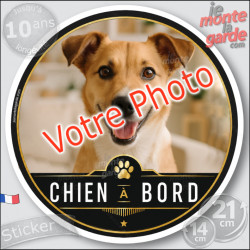 Photo personnalisable, disque photo autocollant "Chien à Bord" Sticker adhésif rond sur mesure vitre voiture 14 cm, résiste à l'
