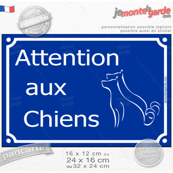 Plaque extérieure bleue “Attention aux Chiens” au pluriel, silhouettes élégantes, message direct et lisible pour portail