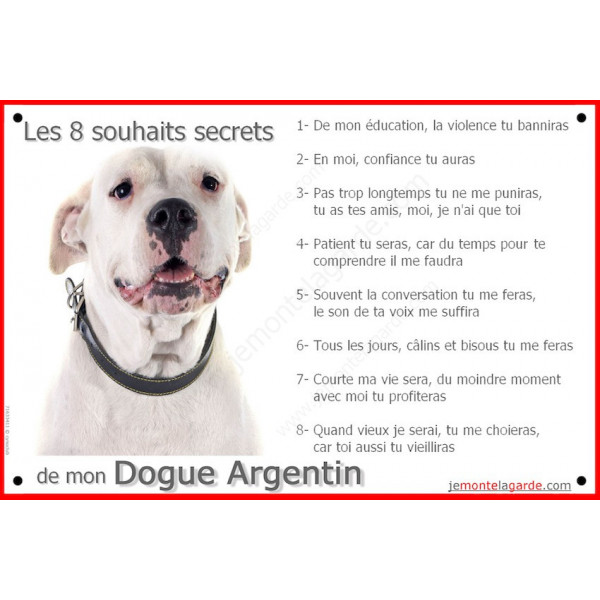 Plaque Les 8 Souhaits Secrets du Dogue Argentin Tête, pancarte règles maison intérieur extérieur