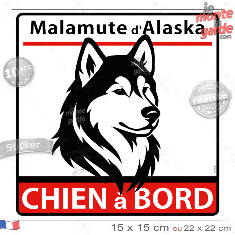Sticker autocollant "Malamute d'Alaska à Bord", dessin noir et blanc Sticker autocollant "Malamute d'Alaska à Bord", dessin noir et blanc