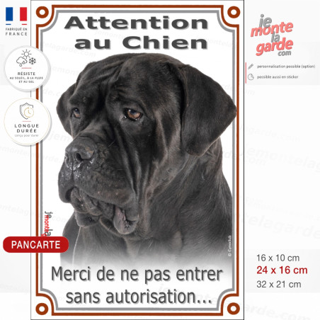Attention au chien Cane Corso noir, merci de ne pas entrer sans autorisation, photo pancarte portail verticale, résiste dehors