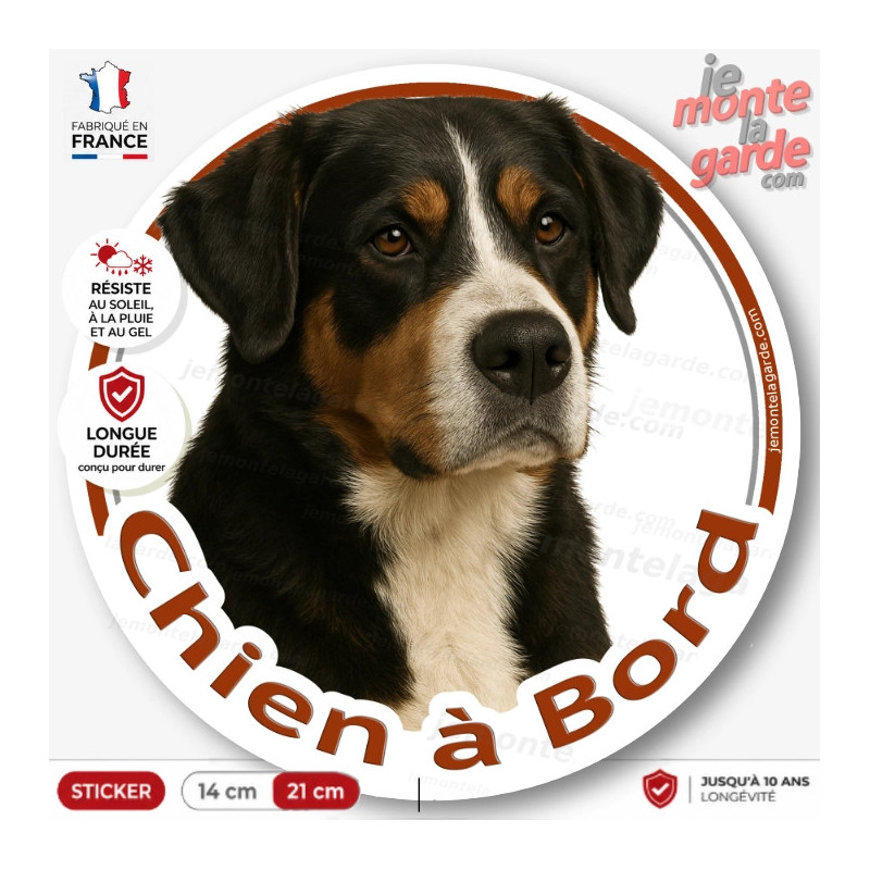 Sticker chien à bord Grand Bouvier Suisse tricolore, photo autocollant voiture vitre, résiste pluie soleil gel Sticker chien à bord Grand Bouvier Suisse tricolore, photo autocollant voiture vitre, résiste pluie soleil gel
