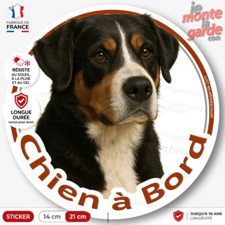 Sticker chien à bord Grand Bouvier Suisse tricolore, photo autocollant voiture vitre, résiste pluie soleil gel
