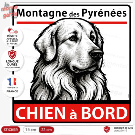 Sticker Montagne des Pyrénées chien à bord carré, dessin noir et blanc, autocollant voiture, résiste pluie soleil gel