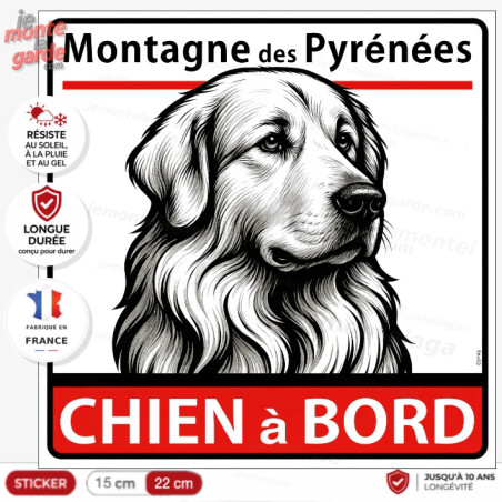 Sticker Montagne des Pyrénées chien à bord carré, dessin noir et blanc, autocollant voiture, résiste pluie soleil gel