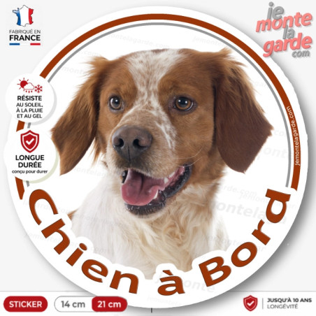 Sticker chien à bord Epagneul Breton blanc et orange, photo autocollant voiture vitre, résiste pluie soleil gel