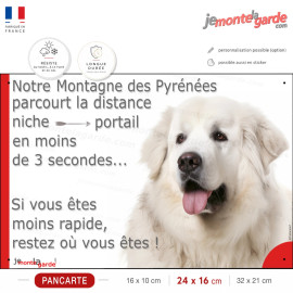 Notre Montagne des Pyrénées parcourt niche portail en moins de 3 secondes, restez où vous êtes, photo pancarte, résiste dehors