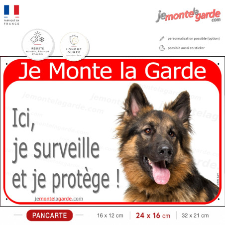 Je Monte la Garde Berger Allemand noir et feu à poil long, je surveille et protège, photo pancarte portail, résiste dehors