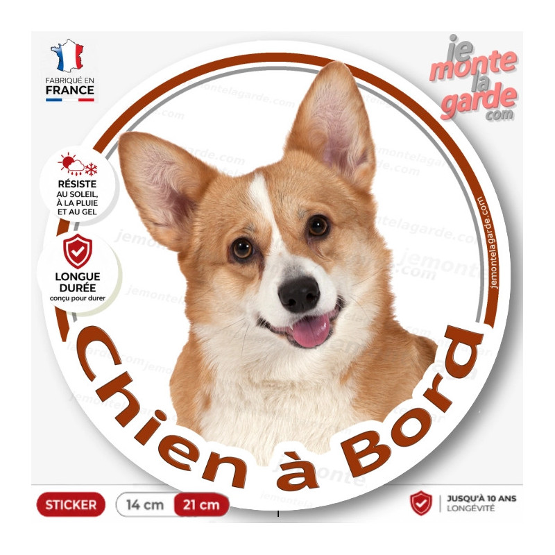Sticker chien à bord Corgi roux et blanc, poil court, autocollant rond voiture fabriqué en France