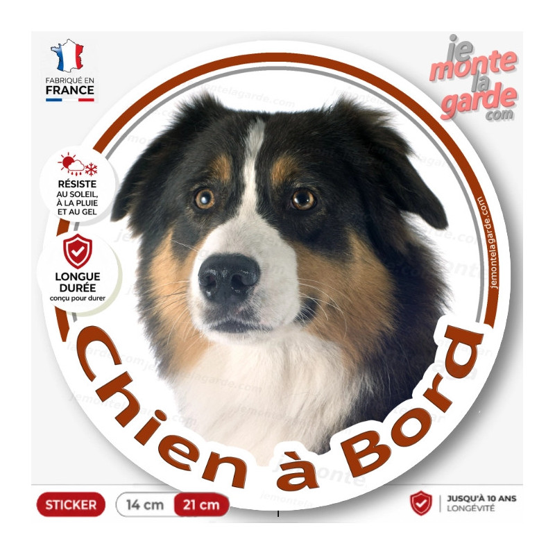Sticker chien à bord Berger Australien tricolore noir, autocollant rond voiture fabriqué en France