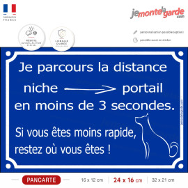 Pancarte humour chien “Niche-portail en moins de 3 secondes”, façon plaque de rue, fabriquée en France et résistante dehors.