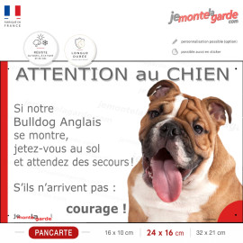 Attention au chien Bulldog Anglais, photo pancarte humour courage, résiste pluie soleil gel
