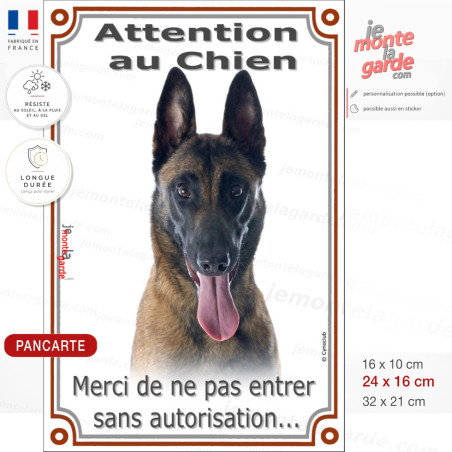 Pancarte verticale Malinois “Attention au Chien” fauve charbonné au regard sérieux, “Merci de ne pas entrer sans autorisation”