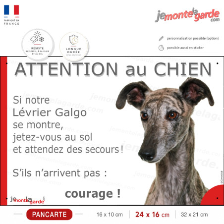 Attention au chien Lévrier Galgo, photo pancarte jetez-vous au sol courage, résiste pluie soleil gel