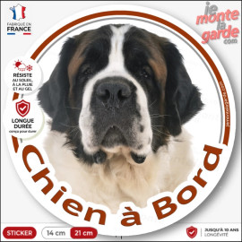 Sticker chien à bord Saint-Bernard blanc et rouge, photo autocollant voiture, résiste pluie soleil gel