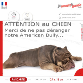 Pancarte Attention au chien American Bully, ne pas déranger, photo chien couché portail, résiste pluie soleil gel
