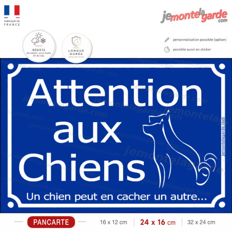 Plaque bleue pluriel "Attention aux Chiens, Un chien peut en cacher un autre." résiste dehors, 3 Tailles D