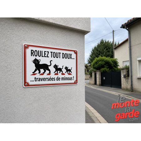 Plaque extérieure "Roulez tout doux, traversées de minous !" voitures danger chat, installation bord de route