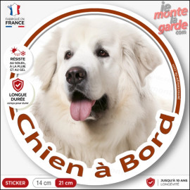 Montagne des Pyrénées entièrement blanc, disque photo autocollant "Chien à Bord" Sticker adhésif rond vitre voiture patou
