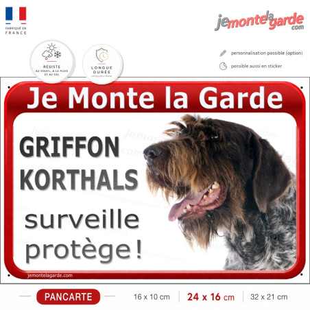 Griffon tête, plaque portail rouge "Je Monte la Garde, notre Korthals surveille et protège" photo, résiste pluie soleil gel