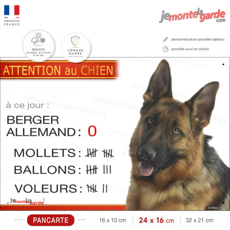 Berger Allemand noir et feu à poils courts, Pancarte Portail drôle "Attention Chien, Nombre de voleurs, facteurs, ballons" photo