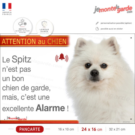 Plaque humour portail "Attention au Chien, notre Spitz Loulou tout blanc est une excellente sonnette" photo Loulou de Poméranie