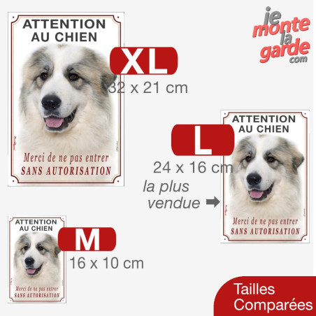 Montagne des Pyrénées, plaque portail verticale "Attention au Chien, pas entrer sans autorisation" 3 Tailles