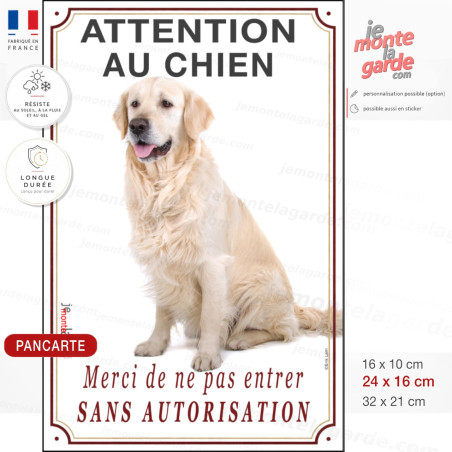 Golden Retriever, plaque verticale portail "Attention au Chien, entrez pas sans autorisation" photo, résiste pluie soleil gel