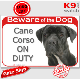 Cane Corso Beware of the Dog gate sign with black short-coated dog photo for gates, fences and entrances.