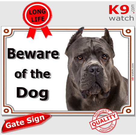 Cane Corso Beware of the Dog gate sign with grey short-coated dog photo for gates and fences.