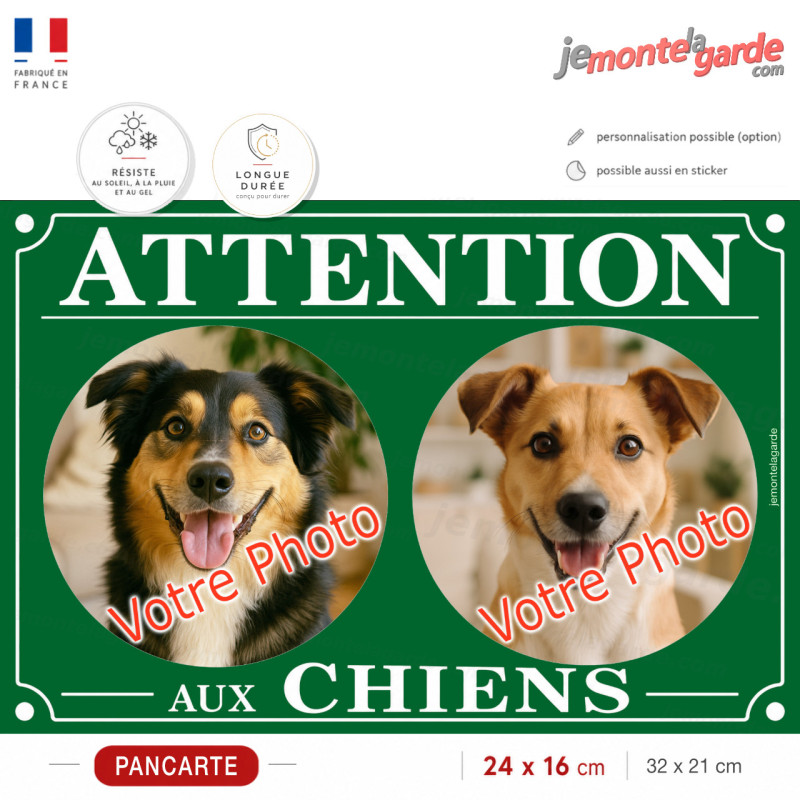 Photo personnalisable, plaque pluriel portail vert "Attention aux Chiens" look plaque de rue avec les photos de vos chiens