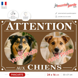 personnalisable, plaque pluriel portail marron chocolat "Attention aux Chiens" look plaque de rue avec photos de vos chiens